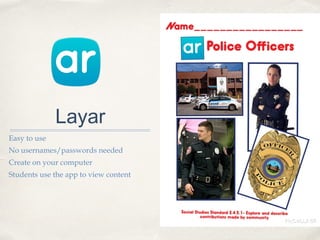 Layar
Easy to use
No usernames/passwords needed
Create on your computer
Students use the app to view content
 