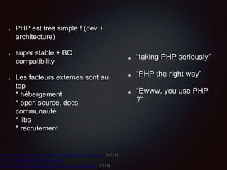 PHP est très simple ! (dev +
architecture)
super stable + BC
compatibility
Les facteurs externes sont au
top
* hébergement
* open source, docs,
communauté
* libs
* recrutement
“taking PHP seriously”
“PHP the right way”
“Ewww, you use PHP
?”
https://www.infoq.com/presentations/php-history (2013)
http://www.phptherightway.com/
https://blog.mailchimp.com/ewww-you-use-php/ (2014)
 