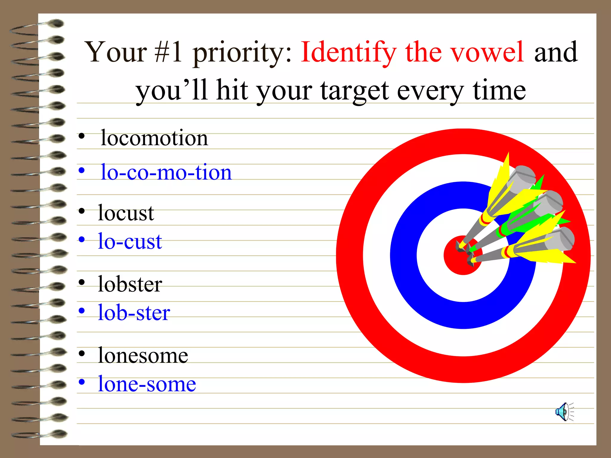 Your #1 priority: Identify the vowel and
you’ll hit your target every time
• locomotion
• lo-co-mo-tion
• locust
• lo-cust
• lobster
• lob-ster
• lonesome
• lone-some
 
