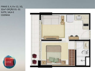 FINAIS 3, 4, 8 e 12, 1Q, 32m²-OPÇÃO 01- 01 SUÍTE, SALA E COZINHA 
