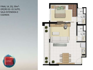 FINAL 14, 2Q, 59m²-OPÇÃO 02- 01 SUÍTE, SALA ESTENDIDA E COZINHA 