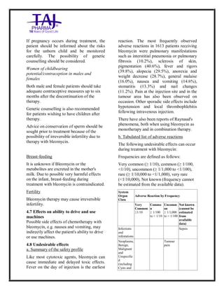 Bleomycin fo rInjectio n 15 Units Taj Pha rma : Uses, Side Effec ts, Interac tions, Pictu res, Warnings, Bleo mycin forI njection 1 5 Units Taj Pharma Dosage & Rx Info | Bleomycin f orInjec tion 15 Uni ts Taj Pharma Uses, Side Effects, Bleomycin forI njection 15 Units Taj Pharma : In dications, Side Ef fects, Warnings, Bleo mycin forI njection 1 5 Units Taj Pharma - Drug Info rmati on - TajP harma, Bleomycin forI njection 15 Uni ts Taj Pharma dose Taj p harmaceu ticals Bleomycin fo rInjectio n 15 Units Taj Pha rma i nterac tions, Taj Pha rmaceutical Ble omycin fo rInjectio n 15 Units Taj Pha rma co ntrai ndications, Bleomycin fo rInjectio n 15 Units Taj Pha rma p rice, Bleo mycin for Injection 15 Units Taj Pha rma TajPha rma Bleomycin fo rInjecti on 15 Units Taj P harma PIL - TajPha rma Stay co nnected to all up dated o n Bleo mycin for Injection 1 5 Units Taj Pha rma Taj Pha rmaceu ticals Taj
pharmaceu ticals. Patient Inf orma tion Leafle ts, PIL.
If pregnancy occurs during treatment, the
patient should be informed about the risks
for the unborn child and be monitored
carefully. The possibility of genetic
counselling should be considered.
Women of childbearing
potential/contraception in males and
females
Both male and female patients should take
adequate contraceptive measures up to six
months after the discontinuation of the
therapy.
Genetic counselling is also recommended
for patients wishing to have children after
therapy.
Advice on conservation of sperm should be
sought prior to treatment because of the
possibility of irreversible infertility due to
therapy with bleomycin.
Breast-feeding
It is unknown if Bleomycin or the
metabolites are excreted in the mother's
milk. Due to possible very harmful effects
on the infant, breast-feeding during
treatment with bleomycin is contraindicated.
Fertility
Bleomycin therapy may cause irreversible
infertility.
4.7 Effects on ability to drive and use
machines
Possible side effects of chemotherapy with
bleomycin, e.g. nausea and vomiting, may
indirectly affect the patient's ability to drive
or use machines.
4.8 Undesirable effects
a. Summary of the safety profile
Like most cytotoxic agents, bleomycin can
cause immediate and delayed toxic effects.
Fever on the day of injection is the earliest
reaction. The most frequently observed
adverse reactions in 1613 patients receiving
bleomycin were pulmonary manifestations
such as interstitial pneumonia or pulmonary
fibrosis (10.2%), sclerosis of skin,
pigmentation (40.6%), fever and rigors
(39.8%), alopecia (29.5%), anorexia and
weight decrease (28.7%), general malaise
(16.0%), nausea and vomiting (14.6%),
stomatitis (13.3%) and nail changes
(11.2%). Pain at the injection site and in the
tumour area has also been observed on
occasion. Other sporadic side effects include
hypotension and local thrombophlebitis
following intravenous injection.
There have also been reports of Raynaud's
phenomena, both when using bleomycin as
monotherapy and in combination therapy.
b. Tabulated list of adverse reactions
The following undesirable effects can occur
during treatment with bleomycin:
Frequencies are defined as follows:
Very common (≥ 1/10), common (≥ 1/100,
<1/10), uncommon (≥ 1/1,000 to <1/100),
rare (≥ 1/10,000 to <1/1,000), very rare
(<1/10,000), Not known (frequency cannot
be estimated from the available data).
System
Organ
Class
Adverse Reaction by Frequency
Very
Common
≥1/10
Commo
n
≥ 1/100
to < 1/10
Uncomm
on
≥ 1/1,000
to < 1/100
Not known
(cannot be
estimated
from
available
data)
Infections
and
infestations
Sepsis
Neoplasms,
Benign,
Malignant
and
Unspecifie
d
(including
Cysts and
Tumour
pain
 