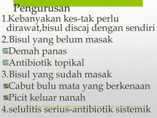 Pengurusan
1.Kebanyakan kes-tak perlu
dirawat,bisul discaj dengan sendiri
2.Bisul yang belum masak
Demah panas
Antibiotik topikal
3.Bisul yang sudah masak
Cabut bulu mata yang berkenaan
Picit keluar nanah
4.selulitis serius-antibiotik sistemik
 