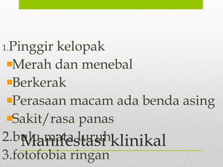 Manifestasi klinikal
1.Pinggir kelopak
Merah dan menebal
Berkerak
Perasaan macam ada benda asing
Sakit/rasa panas
2.bulu mata luruh
3.fotofobia ringan
 