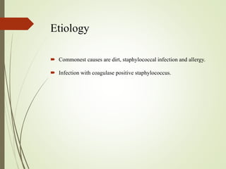Etiology
 Commonest causes are dirt, staphylococcal infection and allergy.
 Infection with coagulase positive staphylococcus.
 