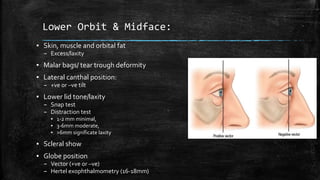 Lower Orbit & Midface:
▪ Skin, muscle and orbital fat
– Excess/laxity
▪ Malar bags/ tear trough deformity
▪ Lateral canthal position:
– +ve or –ve tilt
▪ Lower lid tone/laxity
– Snap test
– Distraction test
▪ 1-2 mm minimal,
▪ 3-6mm moderate,
▪ >6mm significate laxity
▪ Scleral show
▪ Globe position
– Vector (+ve or –ve)
– Hertel exophthalmometry (16-18mm)
 