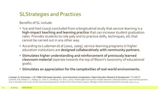 SLStrategies and Practices
Benefits of SL include:
• Yue and Hart (2017) concluded from a longitudinal study that service-learning is a
high-impact teaching and learning practice that can increase student graduation
rates. Provides students to role paly and to practice skills, techniques, etc that
cannot be carried out in any other way.
• According to Ludeman et al (2002, 2009), service-learning programs in higher
education institutions are designed collaboratively with community partners.
• Stimulates higher understanding and reinforcement of previously learned
classroom material (operate towards the top of Bloom’s taxonomy of educational
goals).
• Stimulates an appreciation for the complexities of real-world environments.
10 7/17/2019 Add a footer
Lonergan, N. & Andresen, L.W (1988) Field-based education: some theoretical considerations. Higher Education Research & Development, 7 (1) 63-77.
Ludeman, R.B, Osfield, K.J., Hidalgo, E.I., Oste, D., andWang, H.S. (Eds.). (2009). Student affairs and services in higher education: Global foundations, issues and best practices.
Yue, H. and Hart, S.M. (2017). Service-learning and graduation: Evidence from event history analysis. Michigan Journal of Community Service Learning. 23(2), 22-41.
 