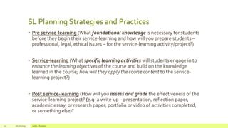 SL Planning Strategies and Practices
• Pre service-learning (What foundational knowledge is necessary for students
before they begin their service-learning and how will you prepare students –
professional, legal, ethical issues – for the service-learning activity/project?)
• Service-learning (What specific learning activities will students engage in to
enhance the learning objectives of the course and build on the knowledge
learned in the course; how will they apply the course content to the service-
learning project?)
• Post service-learning (How will you assess and grade the effectiveness of the
service-learning project? (e.g. a write-up – presentation, reflection paper,
academic essay, or research paper; portfolio or video of activities completed,
or something else)?
11 7/17/2019 Add a footer
 