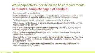 Workshop Activity: decide on the basic requirements
20 minutes- complete page 1 of handout
• Form groups of 3 or 4 individuals
• Preferable to form groups by discipline / subject area so you can leverage off of each
other’s expertise and by grade level so that you know the same level of content.
• Within your group, decide on the basic requirements of the SL activity:
• What major content area, program, course, and grade level will the service-
learning activity be part of?
• What is the main purpose of the service-learning activity (i.e., why do you
want to engage in a service-learning activity)?
• What the learning objectives do you want students to achieve through the
service-learning activity?
• How will the service-learning project be integrated into the course? And how
many hours will the students be expected to devote to the service-learning
project for the course?
• What community organization (partner) will the students work with for
their service-learning project?
24 7/17/2019 Add a footer
 