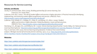 27 7/17/2019 Add a footer
Resources for Service-Learning
Articles and Books
Jacoby, B. and Associates. (Eds.) (2003). Building partnerships for service-learning. San
Francisco, CA: Jossey-Bass.
Ludeman, R.B. (Ed.). (2002). The role of student affairs and services in higher education: A Practical manual for developing,
implementing, and assessing student affairs programmes and services. UNESCO. Paris.
http://unesdoc.unesco.org/images/0012/001281/128118e.pdf
Ludeman, R.B, Osfield, K.J., Hidalgo, E.I., Oste, D., and Wang, H.S. (Eds.). (2009). Student
affairs and services in higher education: Global foundations, issues and best practices.
UNESCO. Paris. http://unesdoc.unesco.org/images/0018/001832/183221e.pdf
Steinberg, K.S., Bringle, R.G., and Williams, M. J. (2010). Service-learning research primer. ScottsValley, CA: National Service-
Learning Clearinghouse. http://servicelearning.gov/filemanager/download/Service-Learning_Research_Primer.pdf
Yue, H. and Hart, S.M. (2017). Service-learning and graduation: Evidence from event history
analysis. Michigan Journal of Community Service Learning. 23(2), 22-41. https://quod.lib.umich.edu/cgi/t/text/text-
idx?cc=mjcsloa;c=mjcsl;c=mjcsloa;idno=3239521.0023.202;g=mjcslg;rgn=main;view=text;xc=1
Websites
https://serc.carleton.edu/introgeo/service/principles.html
https://serc.carleton.edu/introgeo/service/flexible.html
https://serc.carleton.edu/sp/library/service/examples.html
 