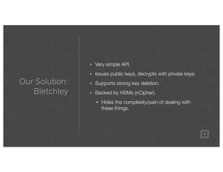 Our Solution:
Bletchley
‣ Very simple API.
‣ Issues public keys, decrypts with private keys.
‣ Supports strong key deletion.
‣ Backed by HSMs (nCipher).
• Hides the complexity/pain of dealing with
these things.
 