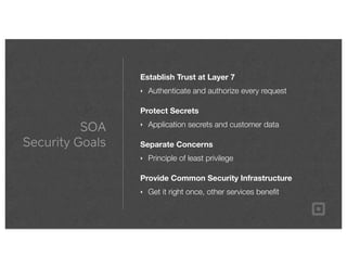 SOA
Security Goals
Establish Trust at Layer 7
‣ Authenticate and authorize every request
Protect Secrets
‣ Application secrets and customer data
Separate Concerns
‣ Principle of least privilege
Provide Common Security Infrastructure
‣ Get it right once, other services beneﬁt
 