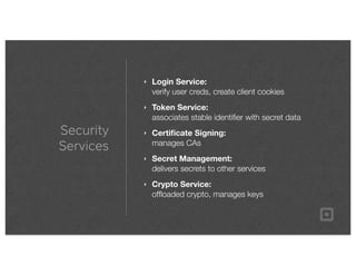 Security
Services
‣ Login Service:
verify user creds, create client cookies
‣ Token Service:
associates stable identiﬁer with secret data
‣ Certiﬁcate Signing:
manages CAs
‣ Secret Management:
delivers secrets to other services
‣ Crypto Service:
ofﬂoaded crypto, manages keys
 