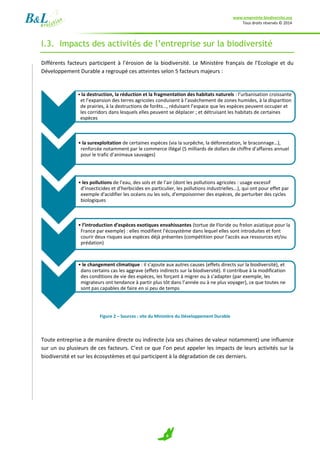 www.empreinte-biodiversite.org
Tous droits réservés © 2014
6
I.3. Impacts des activités de l’entreprise sur la biodiversité
Différents facteurs participent à l’érosion de la biodiversité. Le Ministère français de l’Ecologie et du
Développement Durable a regroupé ces atteintes selon 5 facteurs majeurs :
Figure 2 – Sources : site du Ministère du Développement Durable
Toute entreprise a de manière directe ou indirecte (via ses chaines de valeur notamment) une influence
sur un ou plusieurs de ces facteurs. C’est ce que l’on peut appeler les impacts de leurs activités sur la
biodiversité et sur les écosystèmes et qui participent à la dégradation de ces derniers.
• la destruction, la réduction et la fragmentation des habitats naturels : l’urbanisation croissante
et l’expansion des terres agricoles conduisent à l’assèchement de zones humides, à la disparition
de prairies, à la destructions de forêts…, réduisant l’espace que les espèces peuvent occuper et
les corridors dans lesquels elles peuvent se déplacer ; et détruisant les habitats de certaines
espèces
• la surexploitation de certaines espèces (via la surpêche, la déforestation, le braconnage…),
renforcée notamment par le commerce illégal (5 milliards de dollars de chiffre d’affaires annuel
pour le trafic d’animaux sauvages)
• les pollutions de l’eau, des sols et de l’air (dont les pollutions agricoles : usage excessif
d’insecticides et d’herbicides en particulier, les pollutions industrielles...), qui ont pour effet par
exemple d'acidifier les océans ou les sols, d'empoisonner des espèces, de perturber des cycles
biologiques
• l’introduction d’espèces exotiques envahissantes (tortue de Floride ou frelon asiatique pour la
France par exemple) : elles modifient l’écosystème dans lequel elles sont introduites et font
courir deux risques aux espèces déjà présentes (compétition pour l'accès aux ressources et/ou
prédation)
• le changement climatique : il s’ajoute aux autres causes (effets directs sur la biodiversité), et
dans certains cas les aggrave (effets indirects sur la biodiversité). Il contribue à la modification
des conditions de vie des espèces, les forçant à migrer ou à s’adapter (par exemple, les
migrateurs ont tendance à partir plus tôt dans l’année ou à ne plus voyager), ce que toutes ne
sont pas capables de faire en si peu de temps
 