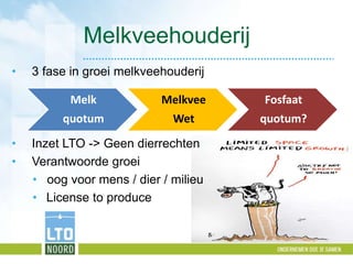 Melkveehouderij 
Melk 
quotum 
Melkvee 
Wet 
Fosfaat 
quotum? 
• 3 fase in groei melkveehouderij 
• Inzet LTO -> Geen dier...