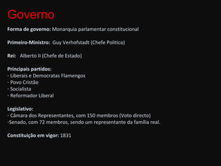 Governo Forma de governo:  Monarquia parlamentar constitucional Primeiro-Ministro:  Guy Verhofstadt (Chefe Politico) Rei:  Alberto II (Chefe de Estado) Principais partidos:  Liberais e Democratas Flamengos  Povo Cristão  Socialista Reformador Liberal  Legislativo: Câmara dos Representantes, com 150 membros (Voto directo) Senado, com 72 membros, sendo um representante da família real. Constituição em vigor:  1831 . 