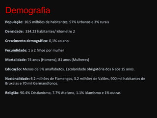 Demografia População:  10.5 milhões de habitantes, 97% Urbanos e 3% rurais Densidade:  334.23 habitantes/ kilometro 2   Crescimento demográfico:  0,1% ao ano   Fecundidade:  1 a 2 filhos por mulher Mortalidade:  74 anos (Homens), 81 anos (Mulheres) Educação:  Menos de 5% analfabetos. Escolaridade obrigatória dos 6 aos 15 anos. Nacionalidade:  6.2 milhões de Flamengos, 3.2 milhões de Valões, 900 mil habitantes de Bruxelas e 70 mil Germanófonos. Religião:  90.4% Cristianismo, 7.7% Ateísmo, 1.1% Islamismo e 1% outras 