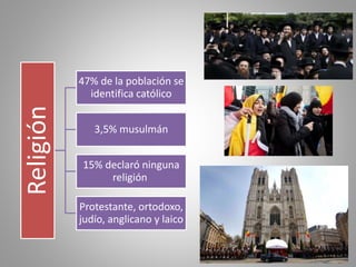 Religión
47% de la población se
identifica católico
3,5% musulmán
15% declaró ninguna
religión
Protestante, ortodoxo,
judío, anglicano y laico
 