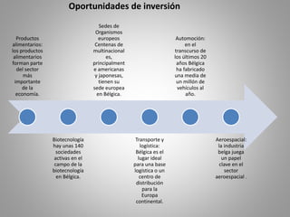 Oportunidades de inversión
Productos
alimentarios:
los productos
alimentarios
forman parte
del sector
más
importante
de la
economía.
Biotecnología
hay unas 140
sociedades
activas en el
campo de la
biotecnología
en Bélgica.
Sedes de
Organismos
europeos
Centenas de
multinacional
es,
principalment
e americanas
y japonesas,
tienen su
sede europea
en Bélgica.
Transporte y
logística:
Bélgica es el
lugar ideal
para una base
logística o un
centro de
distribución
para la
Europa
continental.
Automoción:
en el
transcurso de
los últimos 20
años Bélgica
ha fabricado
una media de
un millón de
vehículos al
año.
Aeroespacial:
la industria
belga juega
un papel
clave en el
sector
aeroespacial .
 