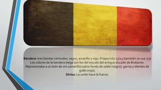 Bandera: tres bandas verticales; negro, amarillo y rojo. Proporción 13/15 (también se usa 2/3)
Los colores de la bandera belga son los del escudo del antiguo ducado de Brabante.
Representaba a un león de oro (amarillo) sobre fondo de sable (negro), garras y dientes de
gulés (rojo).
Divisa: La unión hace la fuerza.
 