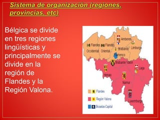 Bélgica se divide
en tres regiones
lingüísticas y
principalmente se
divide en la
región de
Flandes y la
Región Valona.
 
