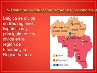 Bélgica se divide
en tres regiones
lingüísticas y
principalmente se
divide en la
región de
Flandes y la
Región Valona.
 