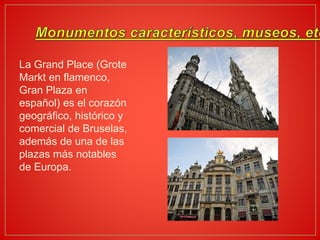 La Grand Place (Grote
Markt en flamenco,
Gran Plaza en
español) es el corazón
geográfico, histórico y
comercial de Bruselas,
además de una de las
plazas más notables
de Europa.
 