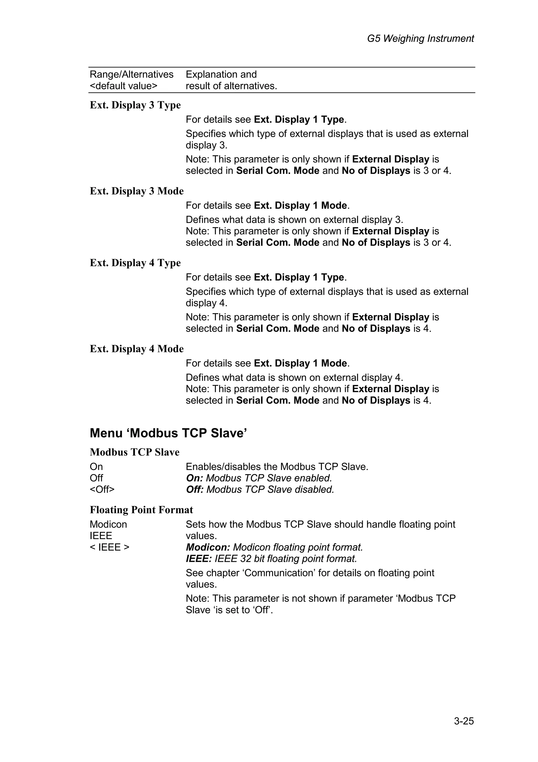 G5 Weighing Instrument
3-25
Range/Alternatives Explanation and
<default value> result of alternatives.
Ext. Display 3 Type
For details see Ext. Display 1 Type.
Specifies which type of external displays that is used as external
display 3.
Note: This parameter is only shown if External Display is
selected in Serial Com. Mode and No of Displays is 3 or 4.
Ext. Display 3 Mode
For details see Ext. Display 1 Mode.
Defines what data is shown on external display 3.
Note: This parameter is only shown if External Display is
selected in Serial Com. Mode and No of Displays is 3 or 4.
Ext. Display 4 Type
For details see Ext. Display 1 Type.
Specifies which type of external displays that is used as external
display 4.
Note: This parameter is only shown if External Display is
selected in Serial Com. Mode and No of Displays is 4.
Ext. Display 4 Mode
For details see Ext. Display 1 Mode.
Defines what data is shown on external display 4.
Note: This parameter is only shown if External Display is
selected in Serial Com. Mode and No of Displays is 4.
Menu ‘Modbus TCP Slave’
Modbus TCP Slave
On
Off
<Off>
Enables/disables the Modbus TCP Slave.
On: Modbus TCP Slave enabled.
Off: Modbus TCP Slave disabled.
Floating Point Format
Modicon
IEEE
< IEEE >
Sets how the Modbus TCP Slave should handle floating point
values.
Modicon: Modicon floating point format.
IEEE: IEEE 32 bit floating point format.
See chapter ‘Communication’ for details on floating point
values.
Note: This parameter is not shown if parameter ‘Modbus TCP
Slave ‘is set to ‘Off’.
 