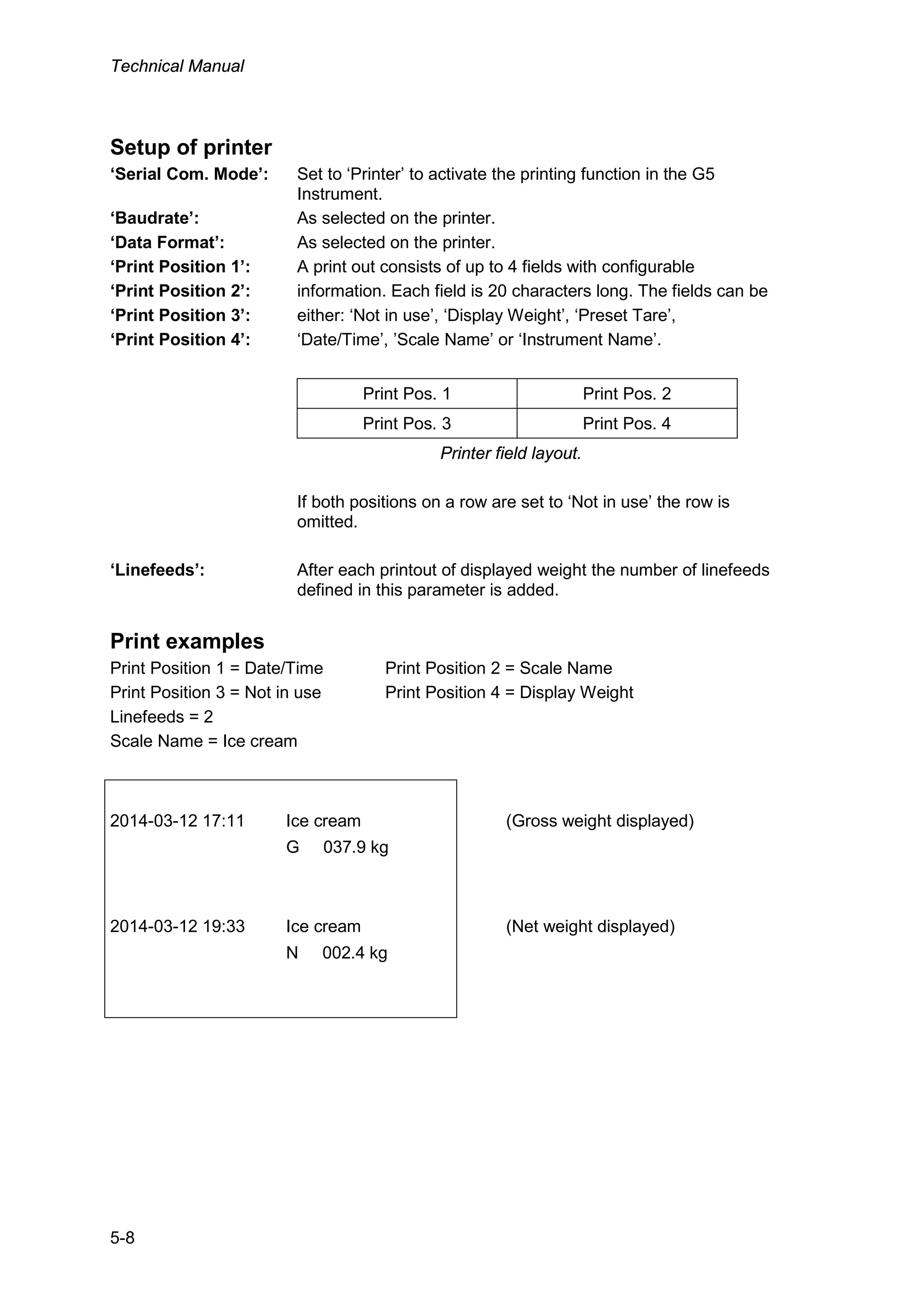 Technical Manual
5-8
Setup of printer
‘Serial Com. Mode’: Set to ‘Printer’ to activate the printing function in the G5
Instrument.
‘Baudrate’: As selected on the printer.
‘Data Format’: As selected on the printer.
‘Print Position 1’: A print out consists of up to 4 fields with configurable
‘Print Position 2’: information. Each field is 20 characters long. The fields can be
‘Print Position 3’: either: ‘Not in use’, ‘Display Weight’, ‘Preset Tare’,
‘Print Position 4’: ‘Date/Time’, ’Scale Name’ or ‘Instrument Name’.
Print Pos. 1 Print Pos. 2
Print Pos. 3 Print Pos. 4
Printer field layout.
If both positions on a row are set to ‘Not in use’ the row is
omitted.
‘Linefeeds’: After each printout of displayed weight the number of linefeeds
defined in this parameter is added.
Print examples
Print Position 1 = Date/Time Print Position 2 = Scale Name
Print Position 3 = Not in use Print Position 4 = Display Weight
Linefeeds = 2
Scale Name = Ice cream
2014-03-12 17:11 Ice cream (Gross weight displayed)
G 037.9 kg
2014-03-12 19:33 Ice cream (Net weight displayed)
N 002.4 kg
 