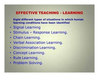 EFFECTIVE TEACHING - LEARNING
Eight different types of situations in which human
learning conditions have been identified
• Signal Learning
• Stimulus – Response Learning.
• Chain Learning.
• Verbal Association Learning.
• Discrimination Learning.
• Concept Learning.
• Rule Learning.
• Problem Solving.
 