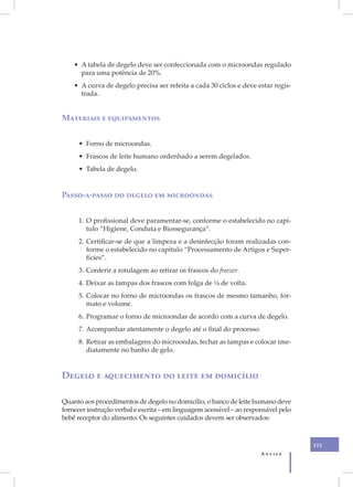 V
        • A tabela de degelo deve ser confeccionada com o microondas regulado
          para uma potência de 20%.
        • A curva de degelo precisa ser refeita a cada 30 ciclos e deve estar regis-
          trada.


    Materiais e equipamentos


          • Forno de microondas.
          • Frascos de leite humano ordenhado a serem degelados.
          • Tabela de degelo.


    Passo-a-passo do degelo em microondas


          1. O profissional deve paramentar-se, conforme o estabelecido no capí-
             tulo “Higiene, Conduta e Biossegurança”.
          2. Certificar-se de que a limpeza e a desinfecção foram realizadas con-
             forme o estabelecido no capítulo “Processamento de Artigos e Super-
             fícies”.
          3. Conferir a rotulagem ao retirar os frascos do freezer.
          4. Deixar as tampas dos frascos com folga de ¼ de volta.
          5. Colocar no forno de microondas os frascos de mesmo tamanho, for-
             mato e volume.
          6. Programar o forno de microondas de acordo com a curva de degelo.
          7. Acompanhar atentamente o degelo até o final do processo.
          8. Retirar as embalagens do microondas, fechar as tampas e colocar ime-
             diatamente no banho de gelo.


    Degelo e aquecimento do leite em domicílio

    Quanto aos procedimentos de degelo no domicílio, o banco de leite humano deve
    fornecer instrução verbal e escrita – em linguagem acessível – ao responsável pelo
    bebê receptor do alimento. Os seguintes cuidados devem ser observados:



                                                                                         113
                                                                           Anvisa
 