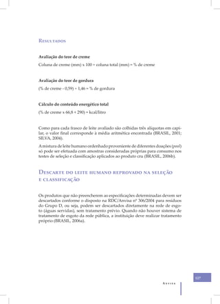 Resultados


Avaliação do teor de creme
Coluna de creme (mm) x 100 ÷ coluna total (mm) = % de creme


Avaliação do teor de gordura
(% de creme - 0,59) ÷ 1,46 = % de gordura


Cálculo do conteúdo energético total
(% de creme x 66,8 + 290) = kcal/litro


Como para cada frasco de leite avaliado são colhidas três alíquotas em capi-
lar, o valor final corresponde à média aritmética encontrada (BRASIL, 2001;
SILVA, 2004).
A mistura de leite humano ordenhado proveniente de diferentes doações (pool)
só pode ser efetuada com amostras consideradas próprias para consumo nos
testes de seleção e classificação aplicados ao produto cru (BRASIL, 2006b).


Descarte do leite humano reprovado na seleção
e classificação

Os produtos que não preencherem as especificações determinadas devem ser
descartados conforme o disposto na RDC/Anvisa nº 306/2004 para resíduos
do Grupo D, ou seja, podem ser descartados diretamente na rede de esgo-
to (águas servidas), sem tratamento prévio. Quando não houver sistema de
tratamento de esgoto da rede pública, a instituição deve realizar tratamento
próprio (BRASIL, 2006a).




                                                                               127
                                                                 Anvisa
 