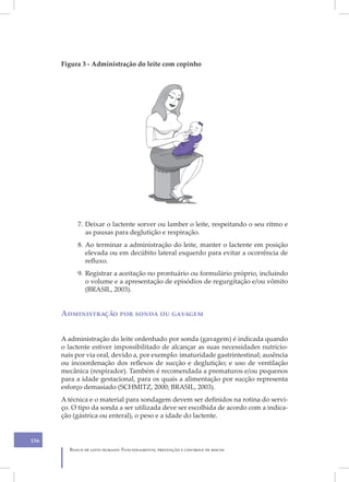 Figura 3 - Administração do leite com copinho




           7. Deixar o lactente sorver ou lamber o leite, respeitando o seu ritmo e
              as pausas para deglutição e respiração.
           8. Ao terminar a administração do leite, manter o lactente em posição
              elevada ou em decúbito lateral esquerdo para evitar a ocorrência de
              refluxo.
           9. Registrar a aceitação no prontuário ou formulário próprio, incluindo
              o volume e a apresentação de episódios de regurgitação e/ou vômito
              (BRASIL, 2003).


      Administração por sonda ou gavagem


      A administração do leite ordenhado por sonda (gavagem) é indicada quando
      o lactente estiver impossibilitado de alcançar as suas necessidades nutricio-
      nais por via oral, devido a, por exemplo: imaturidade gastrintestinal; ausência
      ou incoordenação dos reflexos de sucção e deglutição; e uso de ventilação
      mecânica (respirador). Também é recomendada a prematuros e/ou pequenos
      para a idade gestacional, para os quais a alimentação por sucção representa
      esforço demasiado (SCHMITZ, 2000; BRASIL, 2003).
      A técnica e o material para sondagem devem ser definidos na rotina do servi-
      ço. O tipo da sonda a ser utilizada deve ser escolhida de acordo com a indica-
      ção (gástrica ou enteral), o peso e a idade do lactente.


156
        Banco de leite humano: Funcionamento, prevenção e controle de riscos
 