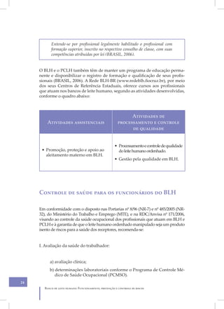 Entende-se por profissional legalmente habilitado o profissional com
           formação superior, inscrito no respectivo conselho de classe, com suas
           competências atribuídas por lei (BRASIL, 2006).


     O BLH e o PCLH também têm de manter um programa de educação perma-
     nente e disponibilizar o registro de formação e qualificação de seus profis-
     sionais (BRASIL, 2006). A Rede BLH-BR (www.redeblh.fiocruz.br), por meio
     dos seus Centros de Referência Estaduais, oferece cursos aos profissionais
     que atuam nos bancos de leite humano, segundo as atividades desenvolvidas,
     conforme o quadro abaixo:



                                                               Atividades de
         Atividades assistenciais                        processamento e controle
                                                               de qualidade


                                                      • Processamento e controle de qualidade
      • Promoção, proteção e apoio ao                   do leite humano ordenhado.
        aleitamento materno em BLH.
                                                      • Gestão pela qualidade em BLH.




     Controle de saúde para os funcionários do BLH

     Em conformidade com o disposto nas Portarias nº 8/96 (NR-7) e nº 485/2005 (NR-
     32), do Ministério do Trabalho e Emprego (MTE), e na RDC/Anvisa nº 171/2006,
     visando ao controle da saúde ocupacional dos profissionais que atuam em BLH e
     PCLH e à garantia de que o leite humano ordenhado manipulado seja um produto
     isento de riscos para a saúde dos receptores, recomenda-se:


     I. Avaliação da saúde do trabalhador:


          a) avaliação clínica;
          b) determinações laboratoriais conforme o Programa de Controle Mé-
             dico de Saúde Ocupacional (PCMSO).
24
       Banco de leite humano: Funcionamento, prevenção e controle de riscos
 
