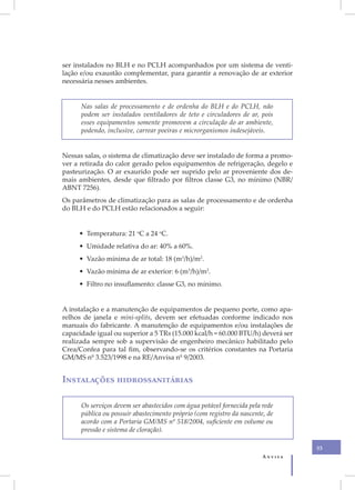 ser instalados no BLH e no PCLH acompanhados por um sistema de venti-
lação e/ou exaustão complementar, para garantir a renovação de ar exterior
necessária nesses ambientes.


      Nas salas de processamento e de ordenha do BLH e do PCLH, não
      podem ser instalados ventiladores de teto e circuladores de ar, pois
      esses equipamentos somente promovem a circulação do ar ambiente,
      podendo, inclusive, carrear poeiras e microrganismos indesejáveis.


Nessas salas, o sistema de climatização deve ser instalado de forma a promo-
ver a retirada do calor gerado pelos equipamentos de refrigeração, degelo e
pasteurização. O ar exaurido pode ser suprido pelo ar proveniente dos de-
mais ambientes, desde que filtrado por filtros classe G3, no mínimo (NBR/
ABNT 7256).
Os parâmetros de climatização para as salas de processamento e de ordenha
do BLH e do PCLH estão relacionados a seguir:


     • Temperatura: 21 oC a 24 oC.
     • Umidade relativa do ar: 40% a 60%.
     • Vazão mínima de ar total: 18 (m3/h)/m2.
     • Vazão mínima de ar exterior: 6 (m3/h)/m2.
     • Filtro no insuflamento: classe G3, no mínimo.


A instalação e a manutenção de equipamentos de pequeno porte, como apa-
relhos de janela e mini-splits, devem ser efetuadas conforme indicado nos
manuais do fabricante. A manutenção de equipamentos e/ou instalações de
capacidade igual ou superior a 5 TRs (15.000 kcal/h = 60.000 BTU/h) deverá ser
realizada sempre sob a supervisão de engenheiro mecânico habilitado pelo
Crea/Confea para tal fim, observando-se os critérios constantes na Portaria
GM/MS nº 3.523/1998 e na RE/Anvisa nº 9/2003.


Instalações hidrossanitárias

      Os serviços devem ser abastecidos com água potável fornecida pela rede
      pública ou possuir abastecimento próprio (com registro da nascente, de
      acordo com a Portaria GM/MS nº 518/2004, suficiente em volume ou
      pressão e sistema de cloração).

                                                                                 33
                                                                        Anvisa
 