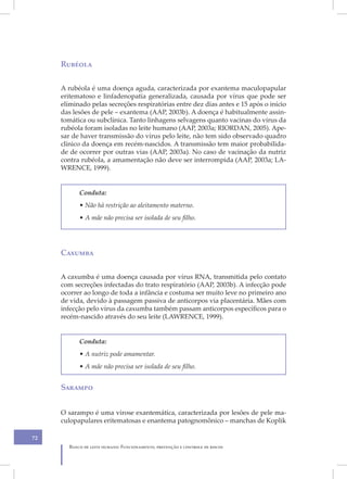 Rubéola

     A rubéola é uma doença aguda, caracterizada por exantema maculopapular
     eritematoso e linfadenopatia generalizada, causada por vírus que pode ser
     eliminado pelas secreções respiratórias entre dez dias antes e 15 após o início
     das lesões de pele – exantema (AAP, 2003b). A doença é habitualmente assin-
     tomática ou subclínica. Tanto linhagens selvagens quanto vacinas do vírus da
     rubéola foram isoladas no leite humano (AAP, 2003a; RIORDAN, 2005). Ape-
     sar de haver transmissão do vírus pelo leite, não tem sido observado quadro
     clínico da doença em recém-nascidos. A transmissão tem maior probabilida-
     de de ocorrer por outras vias (AAP, 2003a). No caso de vacinação da nutriz
     contra rubéola, a amamentação não deve ser interrompida (AAP, 2003a; LA-
     WRENCE, 1999).


           Conduta:
           • Não há restrição ao aleitamento materno.
           • A mãe não precisa ser isolada de seu filho.




     Caxumba

     A caxumba é uma doença causada por vírus RNA, transmitida pelo contato
     com secreções infectadas do trato respiratório (AAP, 2003b). A infecção pode
     ocorrer ao longo de toda a infância e costuma ser muito leve no primeiro ano
     de vida, devido à passagem passiva de anticorpos via placentária. Mães com
     infecção pelo vírus da caxumba também passam anticorpos específicos para o
     recém-nascido através do seu leite (LAWRENCE, 1999).


           Conduta:
           • A nutriz pode amamentar.
           • A mãe não precisa ser isolada de seu filho.


     Sarampo


     O sarampo é uma virose exantemática, caracterizada por lesões de pele ma-
     culopapulares eritematosas e enantema patognomônico – manchas de Koplik

72
       Banco de leite humano: Funcionamento, prevenção e controle de riscos
 