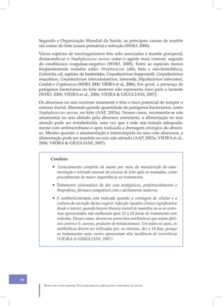 Segundo a Organização Mundial da Saúde, as principais causas de mastite
     são estase do leite (causa primária) e infecção (WHO, 2000).
     Várias espécies de microrganismos têm sido associadas à mastite puerperal,
     destacando-se o Staphylococcus aureus como o agente mais comum, seguido
     do estafilococo coagulase-negativo (WHO, 2000). Entre as espécies menos
     freqüentemente isoladas estão: Streptococcus (alfa, beta e não-hemolítico),
     Escherichia coli, espécies de bacteróides, Corynebacterium kroppenstedti, Corynebacterium
     amycolatum, Corynebacterium tuberculostearicum, Salmonella, Mycobacterium tuberculosis,
     Candida e Cryptococcus (WHO, 2000; VIEIRA et al., 2006). Em geral, a presença de
     patógenos bacterianos no leite materno não representa risco para o lactente
     (WHO, 2000; VIEIRA et al., 2006; VIEIRA & GIUGLIANI, 2007).
     Os abscessos no seio ocorrem raramente e têm o risco potencial de romper o
     sistema ductal, liberando grande quantidade de patógenos bacterianos, como
     Staphylococcus aureus, no leite (AAP, 2003a). Nesses casos, recomenda-se não
     amamentar no seio afetado pelo abscesso; entretanto, a alimentação no seio
     afetado pode ser restabelecida, uma vez que a mãe seja tratada adequada-
     mente com antimicrobiano e após realizada a drenagem cirúrgica do absces-
     so. Mesmo quando a amamentação é interrompida no seio com abscessos, a
     alimentação pode ser mantida no seio não afetado (AAP, 2003a; VIEIRA et al.,
     2006; VIEIRA & GIUGLIANI, 2007).


            Conduta:
             • Esvaziamento completo da mama por meio da manutenção da ama-
               mentação e retirada manual do excesso de leite após as mamadas, como
               procedimento de maior importância no tratamento.
             • Tratamento sintomático da dor com analgésicos, preferencialmente o
               ibuprofeno, fármaco compatível com o aleitamento materno.
             • A antibioticoterapia está indicada quando a contagem de células e a
               cultura da secreção láctea sugerir infecção (quadro clínico significativo
               desde o início), quando houver fissura visível de mamilos ou se os sinto-
               mas apresentados não melhoram após 12 a 24 horas de tratamento com
               ordenha. Nesses casos, devem ser prescritos antibióticos que sejam efeti-
               vos contra o S. aureus, produtor de betalactamase. Em todos os casos, os
               antibióticos devem ser utilizados por, no mínimo, dez a 14 dias, porque
               os tratamentos mais curtos apresentam alta incidência de recorrência
               (VIEIRA & GIUGLIANI, 2007).




80
        Banco de leite humano: Funcionamento, prevenção e controle de riscos
 