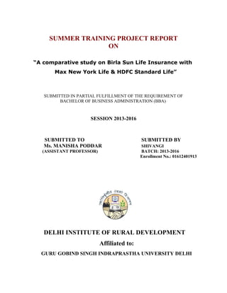 SUMMER TRAINING PROJECT REPORT
ON
“A comparative study on Birla Sun Life Insurance with
Max New York Life & HDFC Standard Life”
SUBMITTED IN PARTIAL FULFILLMENT OF THE REQUIREMENT OF
BACHELOR OF BUSINESS ADMINISTRATION (BBA)
SESSION 2013-2016
SUBMITTED TO SUBMITTED BY
Ms. MANISHA PODDAR SHIVANGI
(ASSISTANT PROFESSOR) BATCH: 2013-2016
Enrollment No.: 01612401913
DELHI INSTITUTE OF RURAL DEVELOPMENT
Affiliated to:
GURU GOBIND SINGH INDRAPRASTHA UNIVERSITY DELHI
 