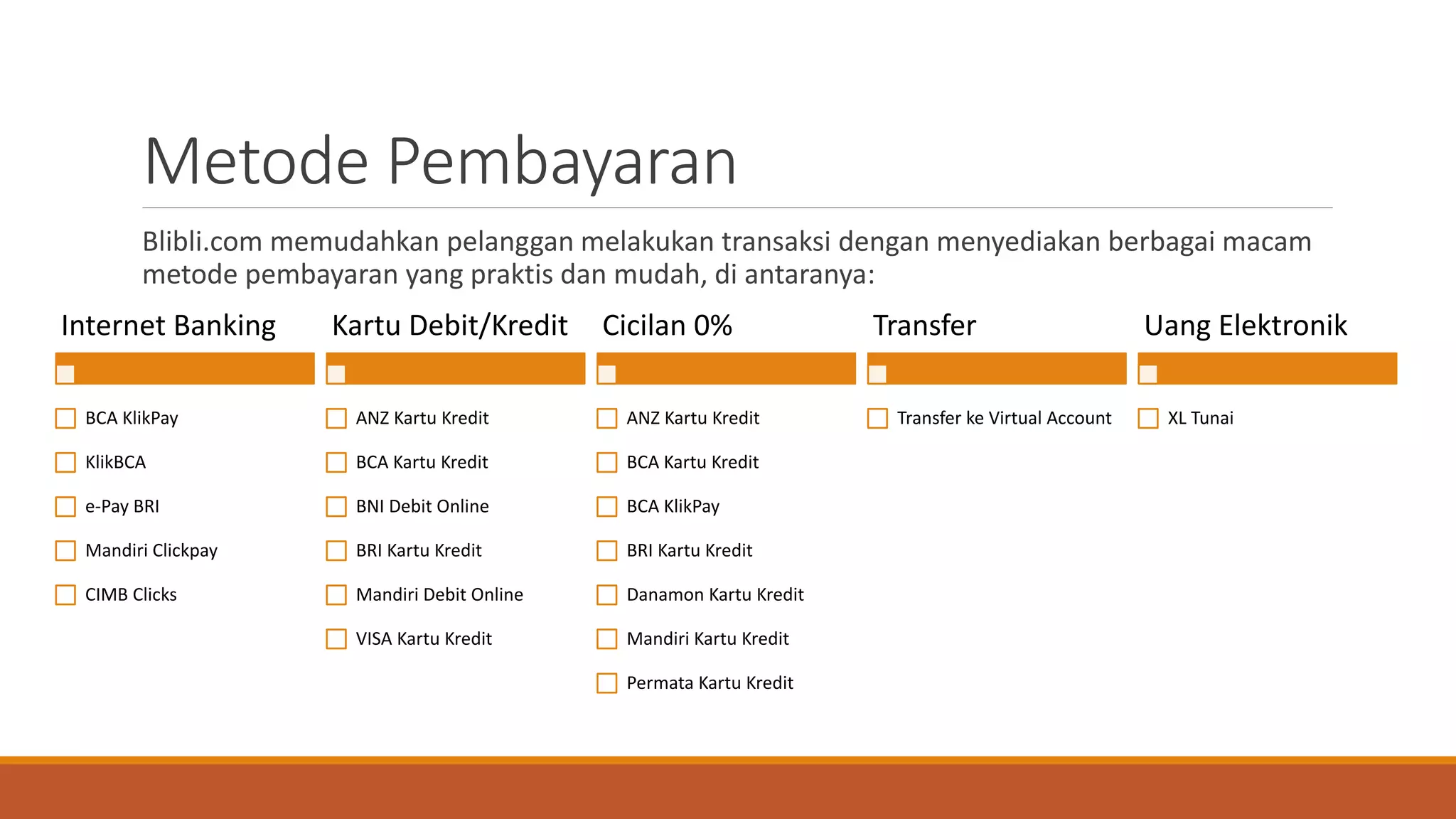 Metode Pembayaran
Blibli.com memudahkan pelanggan melakukan transaksi dengan menyediakan berbagai macam
metode pembayaran yang praktis dan mudah, di antaranya:
Internet Banking
BCA KlikPay
KlikBCA
e-Pay BRI
Mandiri Clickpay
CIMB Clicks
Kartu Debit/Kredit
ANZ Kartu Kredit
BCA Kartu Kredit
BNI Debit Online
BRI Kartu Kredit
Mandiri Debit Online
VISA Kartu Kredit
Cicilan 0%
ANZ Kartu Kredit
BCA Kartu Kredit
BCA KlikPay
BRI Kartu Kredit
Danamon Kartu Kredit
Mandiri Kartu Kredit
Permata Kartu Kredit
Transfer
Transfer ke Virtual Account
Uang Elektronik
XL Tunai
 