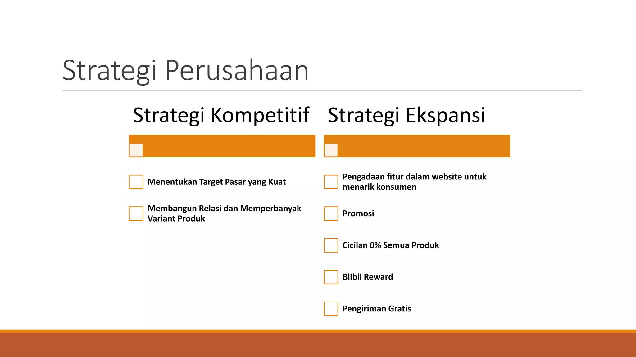 Strategi Perusahaan
Strategi Kompetitif
Menentukan Target Pasar yang Kuat
Membangun Relasi dan Memperbanyak
Variant Produk
Strategi Ekspansi
Pengadaan fitur dalam website untuk
menarik konsumen
Promosi
Cicilan 0% Semua Produk
Blibli Reward
Pengiriman Gratis
 