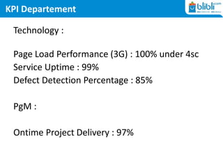 KPI Departement
Technology :
Page Load Performance (3G) : 100% under 4sc
Service Uptime : 99%
Defect Detection Percentage ...