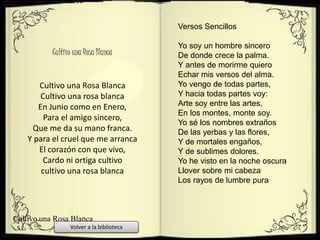 Cultivo una Rosa Blanca
Cultivo una rosa blanca
En Junio como en Enero,
Para el amigo sincero,
Que me da su mano franca.
Y para el cruel que me arranca
El corazón con que vivo,
Cardo ni ortiga cultivo
cultivo una rosa blanca
Versos Sencillos
Yo soy un hombre sincero
De donde crece la palma.
Y antes de morirme quiero
Echar mis versos del alma.
Yo vengo de todas partes,
Y hacia todas partes voy:
Arte soy entre las artes,
En los montes, monte soy.
Yo sé los nombres extraños
De las yerbas y las flores,
Y de mortales engaños,
Y de sublimes dolores.
Yo he visto en la noche oscura
Llover sobre mi cabeza
Los rayos de lumbre pura
Cultivo una Rosa Blanca
Cultivo una Rosa Blanca
Cultivo una Rosa Blanca
Volver a la biblioteca
 