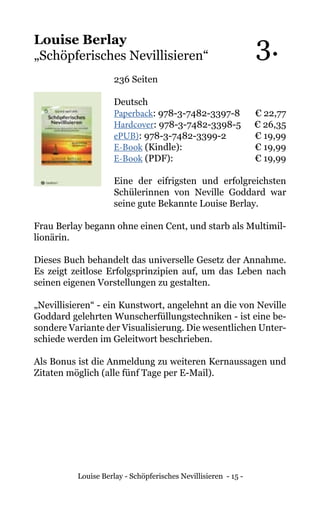 Louise Berlay - Schöpferisches Nevillisieren - 15 -
Louise Berlay
„Schöpferisches Nevillisieren“
236 Seiten
Deutsch
Paperback: 978-3-7482-3397-8 € 22,77
Hardcover: 978-3-7482-3398-5 € 26,35
ePUB): 978-3-7482-3399-2	 € 19,99
E-Book (Kindle):		 € 19,99
E-Book (PDF): 		 € 19,99
Eine der eifrigsten und erfolgreichsten
Schülerinnen von Neville Goddard war
seine gute Bekannte Louise Berlay.
Frau Berlay begann ohne einen Cent, und starb als Multimil-
lionärin.
Dieses Buch behandelt das universelle Gesetz der Annahme.
Es zeigt zeitlose Erfolgsprinzipien auf, um das Leben nach
seinen eigenen Vorstellungen zu gestalten.
„Nevillisieren“ - ein Kunstwort, angelehnt an die von Neville
Goddard gelehrten Wunscherfüllungstechniken - ist eine be-
sondere Variante der Visualisierung. Die wesentlichen Unter-
schiede werden im Geleitwort beschrieben.
Als Bonus ist die Anmeldung zu weiteren Kernaussagen und
Zitaten möglich (alle fünf Tage per E-Mail).
3.
 
