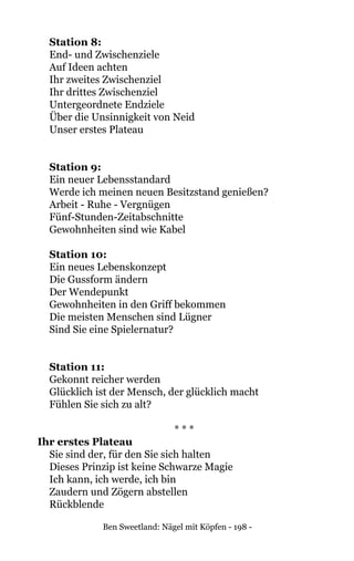 Ben Sweetland: Nägel mit Köpfen - 198 -
Station 8:
	 End- und Zwischenziele	
Auf Ideen achten	
	 Ihr zweites Zwischenziel	
	 Ihr drittes Zwischenziel	
Untergeordnete Endziele	
Über die Unsinnigkeit von Neid	
Unser erstes Plateau	
Station 9:
	 Ein neuer Lebensstandard	
	 Werde ich meinen neuen Besitzstand genießen?	
	 Arbeit - Ruhe - Vergnügen	
	Fünf-Stunden-Zeitabschnitte	
	 Gewohnheiten sind wie Kabel	
Station 10:
	 Ein neues Lebenskonzept 	
Die Gussform ändern	
Der Wendepunkt	
Gewohnheiten in den Griff bekommen	
Die meisten Menschen sind Lügner	
Sind Sie eine Spielernatur?	
Station 11:	
	 Gekonnt reicher werden	
Glücklich ist der Mensch, der glücklich macht	
Fühlen Sie sich zu alt?	
* * *
Ihr erstes Plateau	
Sie sind der, für den Sie sich halten	
Dieses Prinzip ist keine Schwarze Magie	
Ich kann, ich werde, ich bin	
Zaudern und Zögern abstellen	
Rückblende	
 