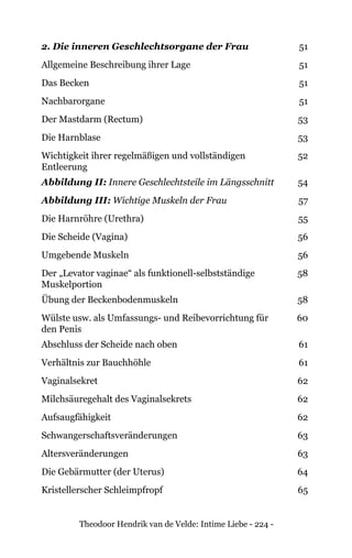 Theodoor Hendrik van de Velde: Intime Liebe - 224 -
2. Die inneren Geschlechtsorgane der Frau 51
Allgemeine Beschreibung ihrer Lage 51
Das Becken 51
Nachbarorgane 51
Der Mastdarm (Rectum) 53
Die Harnblase 53
Wichtigkeit ihrer regelmäßigen und vollständigen
Entleerung
52
Abbildung II: Innere Geschlechtsteile im Längsschnitt 54
Abbildung III: Wichtige Muskeln der Frau 57
Die Harnröhre (Urethra) 55
Die Scheide (Vagina) 56
Umgebende Muskeln 56
Der „Levator vaginae“ als funktionell-selbstständige
Muskelportion
58
Übung der Beckenbodenmuskeln 58
Wülste usw. als Umfassungs- und Reibevorrichtung für
den Penis
60
Abschluss der Scheide nach oben 61
Verhältnis zur Bauchhöhle 61
Vaginalsekret 62
Milchsäuregehalt des Vaginalsekrets 62
Aufsaugfähigkeit 62
Schwangerschaftsveränderungen 63
Altersveränderungen 63
Die Gebärmutter (der Uterus) 64
Kristellerscher Schleimpfropf 65
 