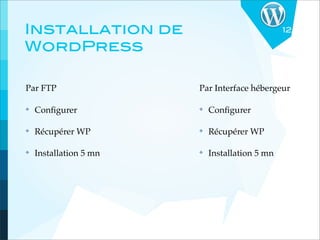 Installation de                                 12

WordPress

Par FTP                 Par Interface hébergeur

✤   Conﬁgurer           ✤   Conﬁgurer

✤   Récupérer WP        ✤   Récupérer WP

✤   Installation 5 mn   ✤   Installation 5 mn
 