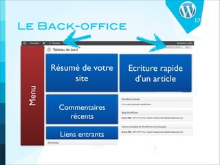 17
Le Back-office


        Résumé de votre    Ecriture rapide
             site            d’un article
 Menu




         Commentaires
           récents

          Liens entrants
 