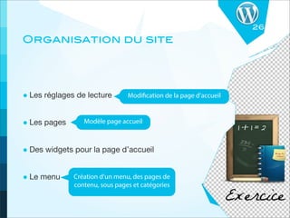 26
Organisation du site




• Les réglages de lecture       Modification de la page d’accueil



• Les pages      Modèle page accueil



• Des widgets pour la page d’accueil

• Le menu     Création d’un menu, des pages de
              contenu, sous pages et catégories
 
