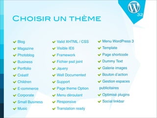 32
Choisir un thème

Blog             Valid XHTML / CSS     Menu WordPress 3
Magazine         Visible IE6          Template
Photoblog        Framework             Page shortcode
Business         Fichier psd joint     Dummy Text
Portfolio        Jquery                Galerie images
Créatif          Well Documented       Bouton d’action
Children         Support               Gestion espaces
E-commerce       Page theme Option   publicitaires
Corporate        Menu déroulant        Optimisé plugins
Small Business   Responsive            Social linkbar
Music            Translation ready
 