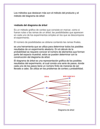 Los métodos que destacan más son el método del producto y el
método del diagrama de árbol:



•método del diagrama de árbol

Es un método gráfico de conteo que consiste en marcar, como si
fueran rutas o las ramas de un árbol, las posibilidades que aparecen
en cada uno de los experimentos simples en los que se descompone
el experimento.
El número de posibilidades se obtiene contando las ramas finales.
es una herramienta que se utiliza para determinar todos los posibles
resultados de un experimento aleatorio. En el cálculo de la
probabilidad se requiere conocer el número de elementos que forman
parte del espacio muestral, estos se pueden determinar con la
construcción del diagrama de árbol.
El diagrama de árbol es una representación gráfica de los posibles
resultados del experimento, el cual consta una serie de pasos, donde
cada uno de los pasos tiene un número finito de maneras de ser
llevado a cabo. Se utiliza en los problemas de conteo y probabilidad.




                                           Diagrama de árbol
 